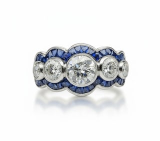 Art Deco style Platinum Ring with Diamonds and Sapphires