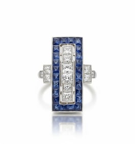 Art Deco style Platinum Ring with 4.80 CTW in Diamonds and Sapphires
