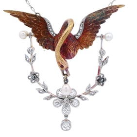 Belle Epoque 18kt yellow Gold and Platinum Swan Necklace with Diamonds & Pearls