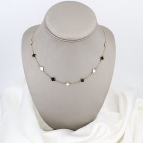 Italian 14kt yellow Gold Clover Chain Necklace with Onyx & Mother of Pearl