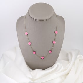 Italian 14kt yellow Gold Clover Chain Necklace with Pink Enamel