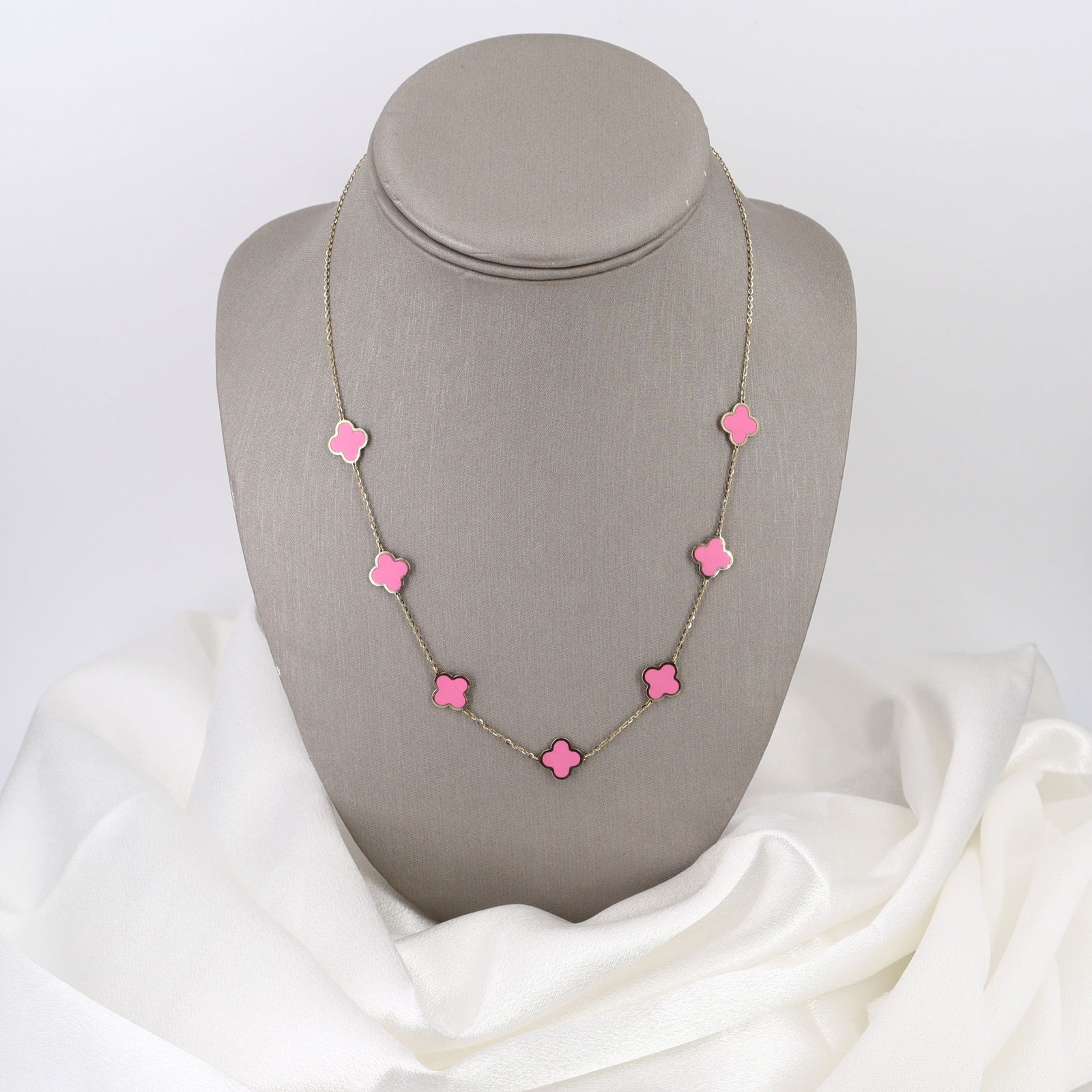 Italian 14kt yellow Gold Clover Chain Necklace with Pink Enamel (1 of 4)