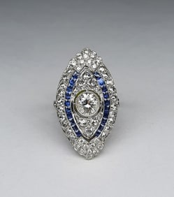 Art deco style Platinum Ring with 3.22 CTW in Diamonds & blue Sapphires