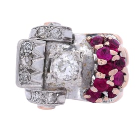 Retro Chevalier 10k two tones Ring with Diamonds & synthetic Rubies