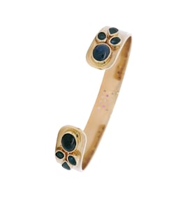18kt yellow Gold Cuff Bracelet with Diamonds, Blue Sapphires & Rubies