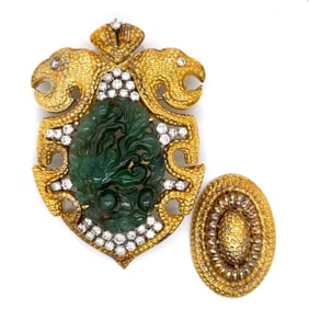 18K Yellow Gold Carved Jade & Diamond Brooch/Pendant