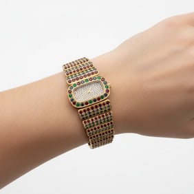 1960s 18K Yellow Gold Diamond, Ruby, Emerald, and Sapphire Watch