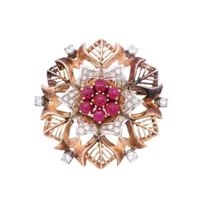Hallmarked Retro 14kt Gold Brooch / Pendant with Rubies & Diamonds