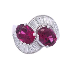 Vintage Platinum Crossover Ring with Pink Tourmaine and Diamonds