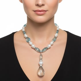 JABEL Platinum & 18K White Gold Aquamarine, South Sea Pearl, and Diamond Necklace