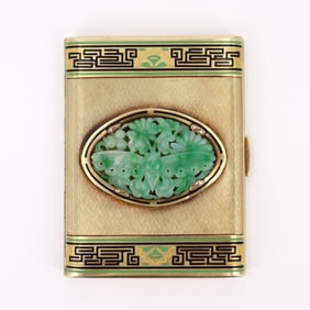 Art Deco 14kt yellow Gold Box with Jade and Enamel