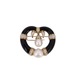 Mid-century 18kt yellow Gold Pendant / Brooch with Diamonds, Pearls & Onyx