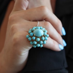 Mid Century 1960 Modernist Cluster Ring In 14Kt Gold With 25.56 Ctw In Turquoises