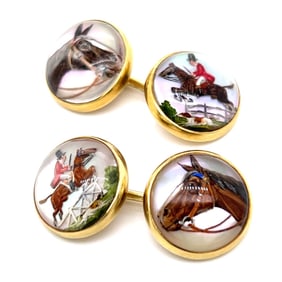 Art Deco 14K Yellow Gold Hand-Painted Equestrian Cufflinks