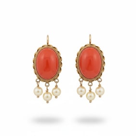 Vintage 14K Yellow Gold Coral & Pearl Earrings