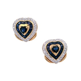 18kt yellow Gold Heart Earrings with Diamonds & blue Sapphires