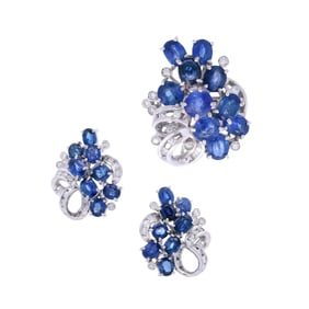 Retro 18kt white Gold Set of Earrings and Ring with Blue Sapphires & Diamonds