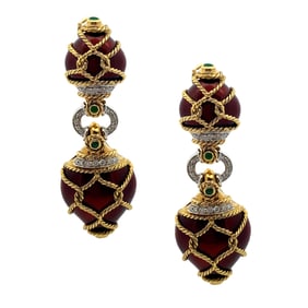 ITALIAN 18kt Gold Enamel Clip on Earrings with Emeralds & Diamonds