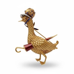 Mid-century 18K Yellow Gold Goose Diamond Brooch