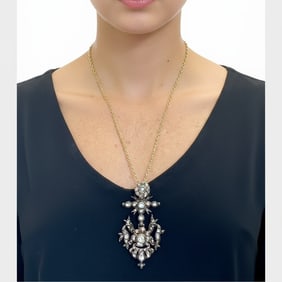 Victorian Silver Diamond Pendant on 18K Yellow Gold Chain