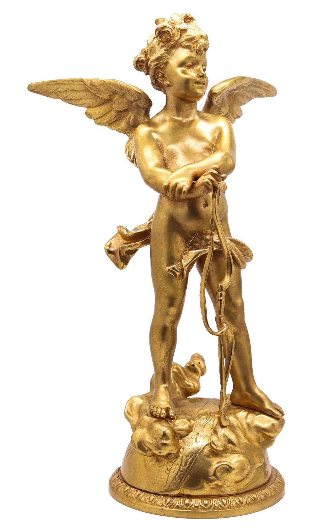 EUTROPE BOURET 1870 Napoleon III French Sculpture of Cupid In Gilded Bronze: This exceptional sculpture by the renowned Parisian artist Eutrope Bouret, circa 1870, depicts a semi-naked winged cupid holding an arc, masterfully cast in bronze with gold gilding and mounted on a r