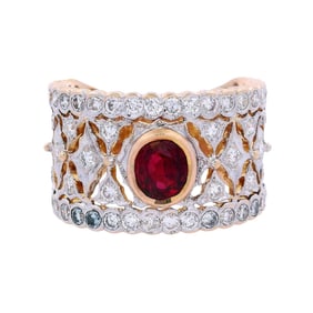 Hallmarked 18kt yellow & white Gold Ring with Ruby & Diamonds