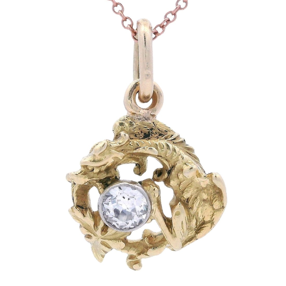 Art Nouveau 18kt yellow Gold Dragon Pendant, with Diamond (1 of 5)