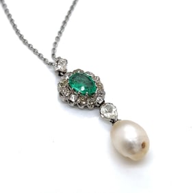 Victorian Platinum GIA Certified Natural Pearl, Colombian Emerald, and Diamond Pendant w/ 18K Chain