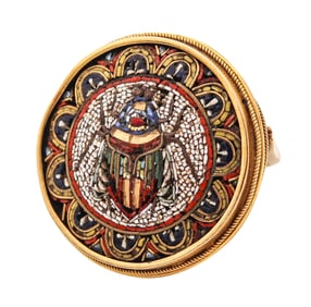 ETRUSCAN REVIVAL 1880 Victorian Scarab Micro Mosaic Ring In 18Kt Yellow Gold