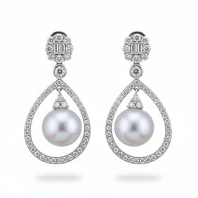 18K White Gold South Sea Pearl & 2.50 Cts in Diamond Earrings