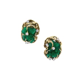 Brutalist 18kt yellow Gold Earrings with Rough uncut Emeralds & Diamonds