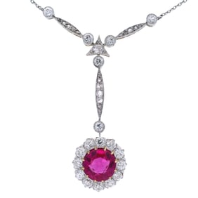 Edwardian 18kt Gold & Platinum Necklace with Diamonds and synthetic Ruby