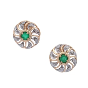 Antique 14kt yellow & white Gold Studs Earrings with Diamonds & Emeralds
