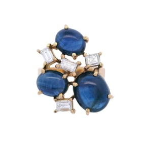 18kt yellow Gold Ring with blue Sapphires & Diamonds