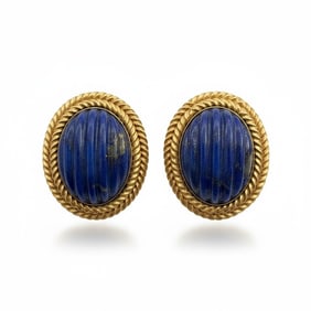 Mid-century 18K Yellow Gold Lapis Lazuli Earrings