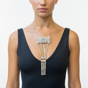 Art Deco Platinum 16.00 Ct. Diamond & Natural Pearl Necklace