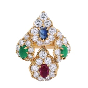 Fabulous Mid-century 18kt yellow Gold Ring with Mulicolor Gemstones & VVS Diamonds