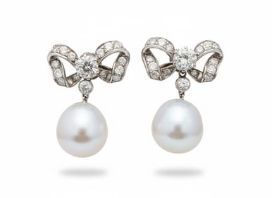 Antique 18K White Gold South Sea Pearl and Diamond Bow Earrings