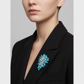 Mid-century 18K White Gold Brooch with Persian Turquoise & 6.00 Cts in Diamonds