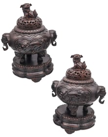 QING DYNASTY 1800 Early 19th Century Pair of Bronze Censers With Lids & Pedestals