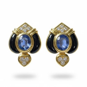 18K Yellow Gold Sapphire & Diamond Earrings