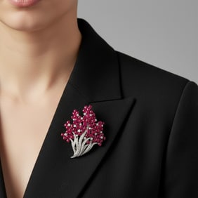 18K Yellow & White Gold Burma Ruby & Diamond Flower Bouquet Brooch