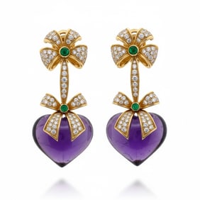 EVA SEGOURA French 18K Yellow Gold Amethyst, Diamond, and Emerald Earrings