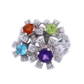 Retro 14kt white Gold Ring with Multicolor Gemstones and Diamonds