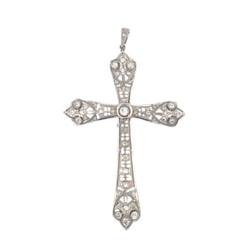 Antique 18kt white Gold filigree Cross Pendant with 1.60 Cts in Diamonds
