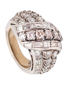 ART DECO 1935 Cocktail Ring In Solid Platinum With 4.11 Ctw In Mixed Cuts Diamonds