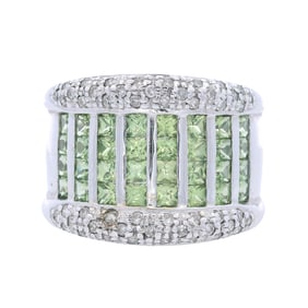 14kt white Gold Ring with Green & White Diamonds