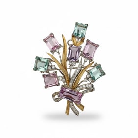 Mid-Century 14K Yellow Gold Aquamarine, Tourmaline, and Diamond Bouquet Brooch