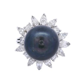 Platinum Cocktail Ring with Tahitian Pearl & Diamonds