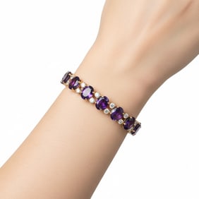 Vintage 14K Yellow Gold Amethyst & Diamond Bangle Bracelet